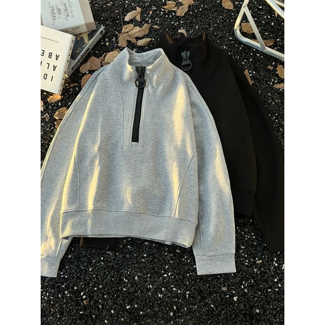 Plummie-Mock Neck Half Zip Plain Sweatshirt