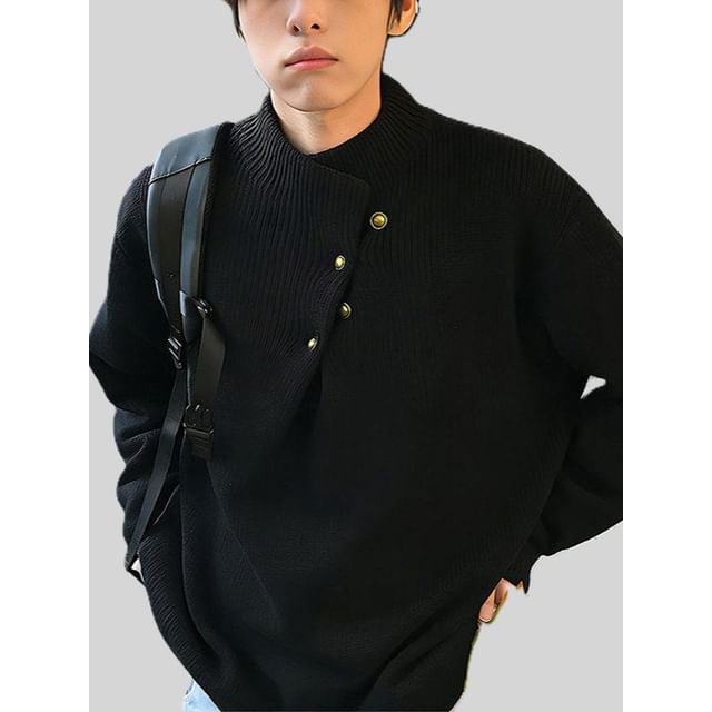 Plummie-Mock Neck Plain Button Sweater
