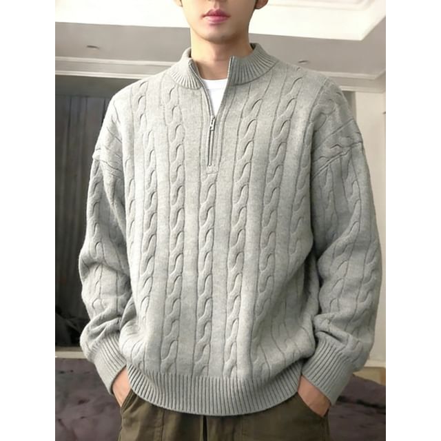 Plummie-Mock Neck Plain Half Zip Cable Knit Sweater