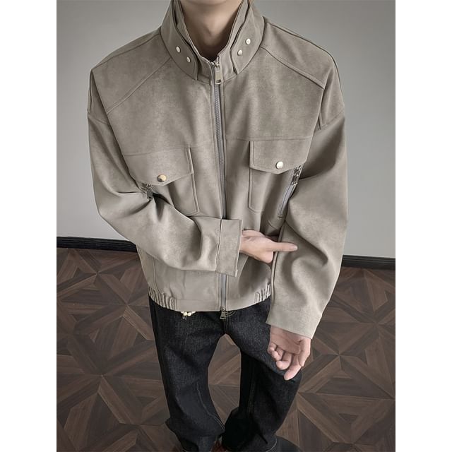 Plummie-Mock Neck Zip-Up Plain Jacket
