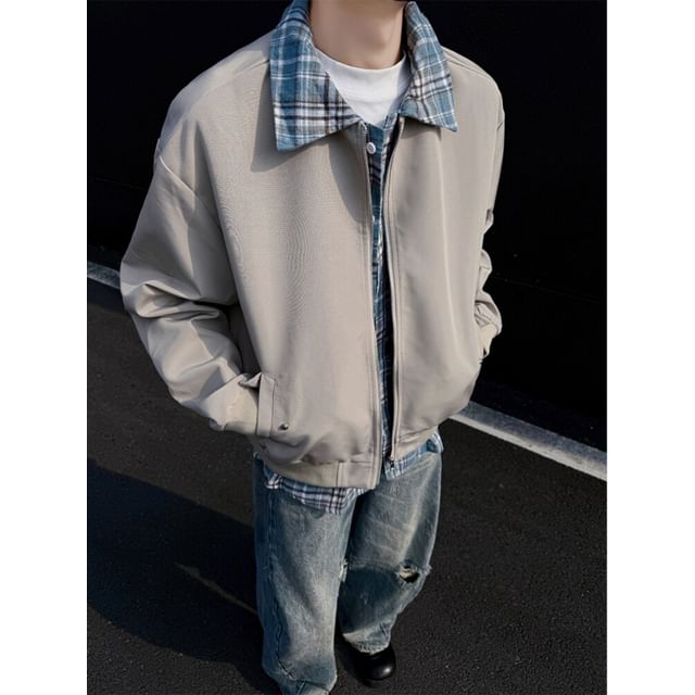 Plummie-Mock Two-Piece Plaid Collar Zip-Up Jacket