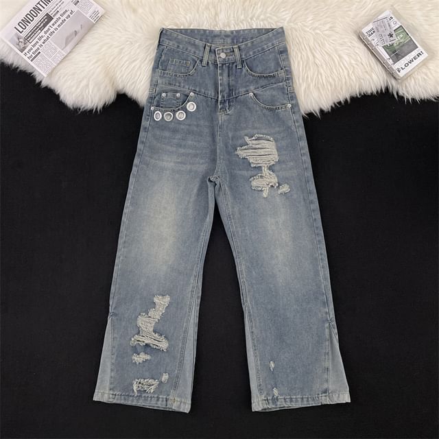 Plummie-Paneled Distressed Washed Loose Fit Jeans