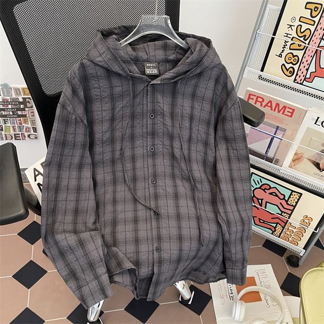Plummie-Plaid Drawstring Hooded Button Jacket