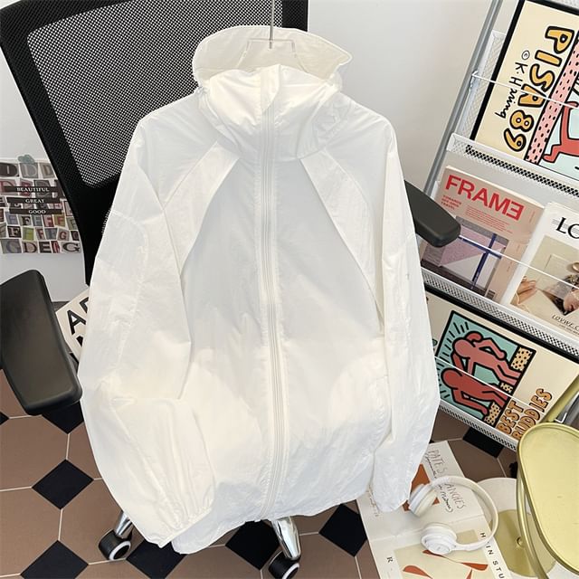 Plummie-Raglan-Sleeve Stand Collar Logo Hooded Zip Jacket