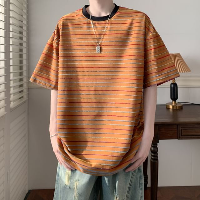Plummie-Short-Sleeve Round Neck Striped T-Shirt
