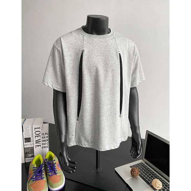 Plummie-Short-Sleeve Round Neck Two Tone Panel T-Shirt