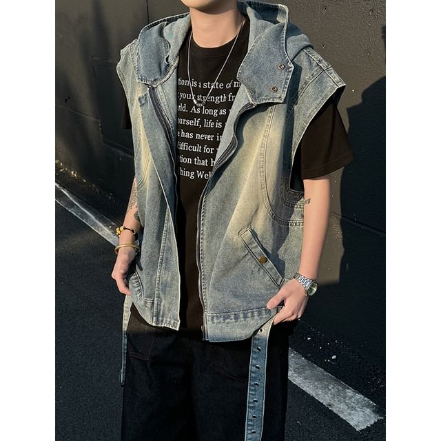 Plummie-Stand Collar Hooded Washed Denim Zip Vest