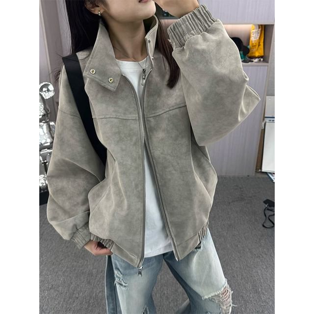 Plummie-Stand Collar Tie Dye Zip-Up Faux Leather Jacket