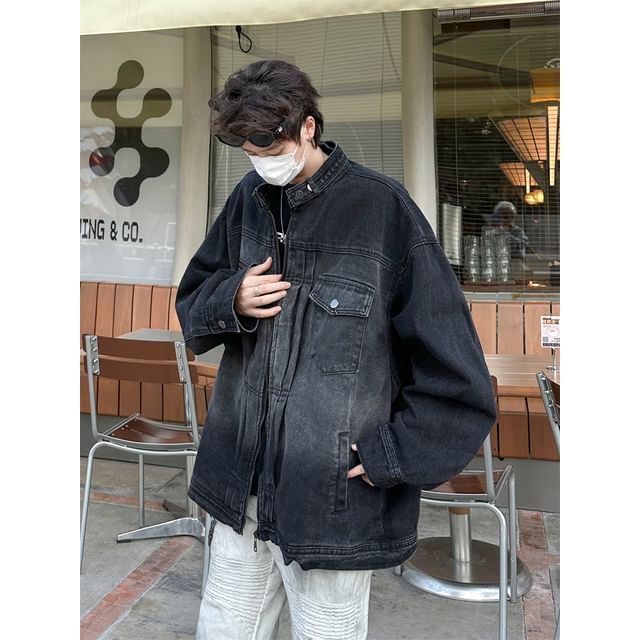 Plummie-Stand Collar Washed Denim Zip Jacket