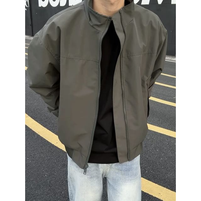 Plummie-Stand Collar Zip-Up Plain Jacket