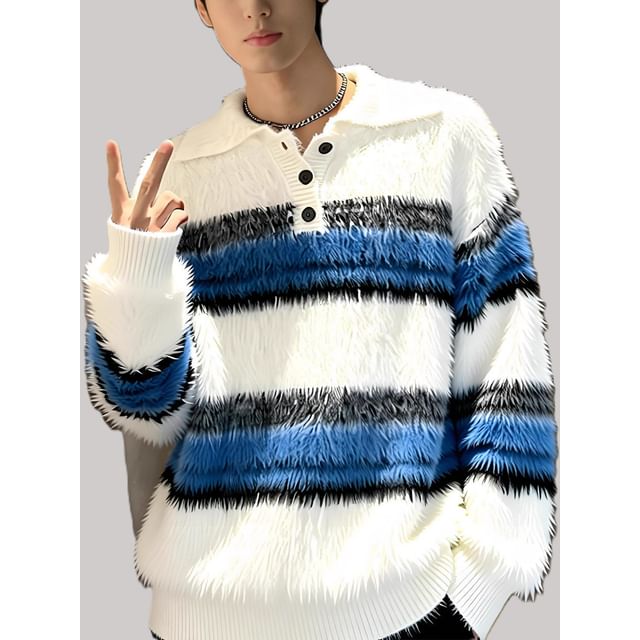 Plummie-Striped Fluffy Polo Sweater