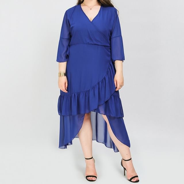 PlusPretty-34 Sleeve V-Neck Plain Ruffle High-Low Midi A-Line Wrap Dress