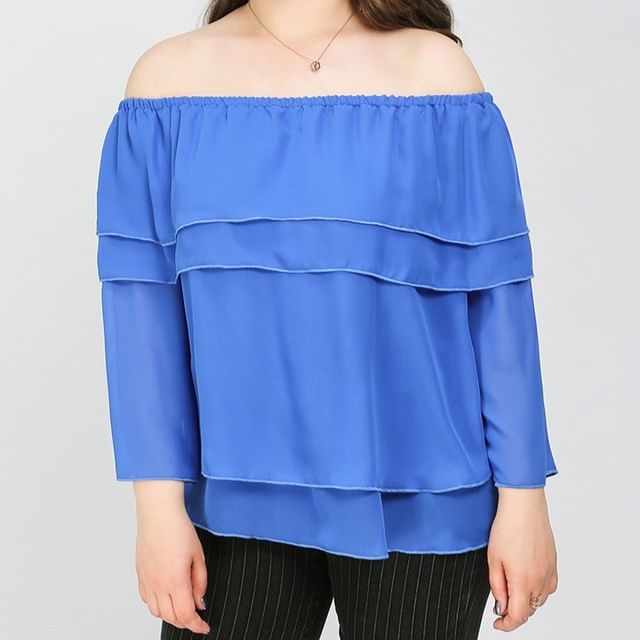 PlusPretty-Bracelet Sleeve Off Shoulder Plain Ruffle Blouse