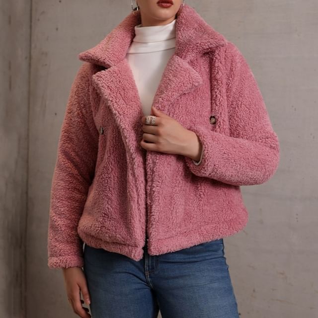PlusPretty-Collar Plain Fleece Double-Breasted Jacket
