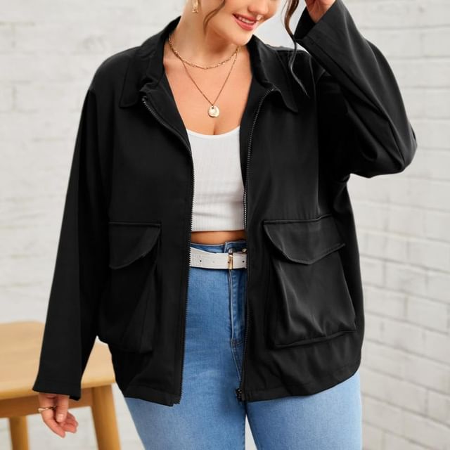 PlusPretty-Collar Plain Zip Jacket