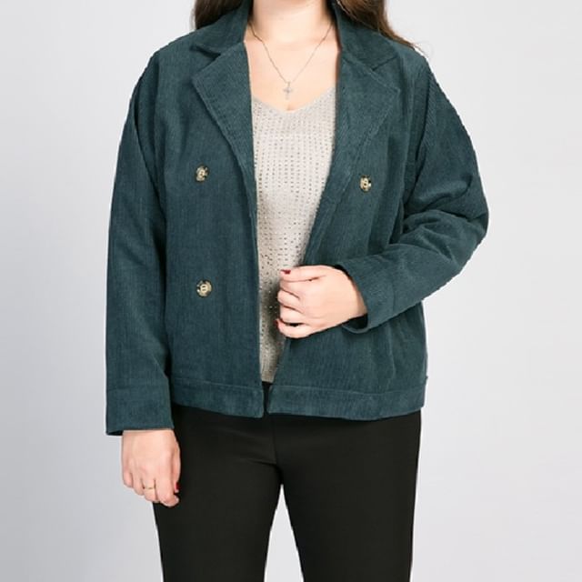 PlusPretty-Collared Plain Corduroy Double Breasted Jacket