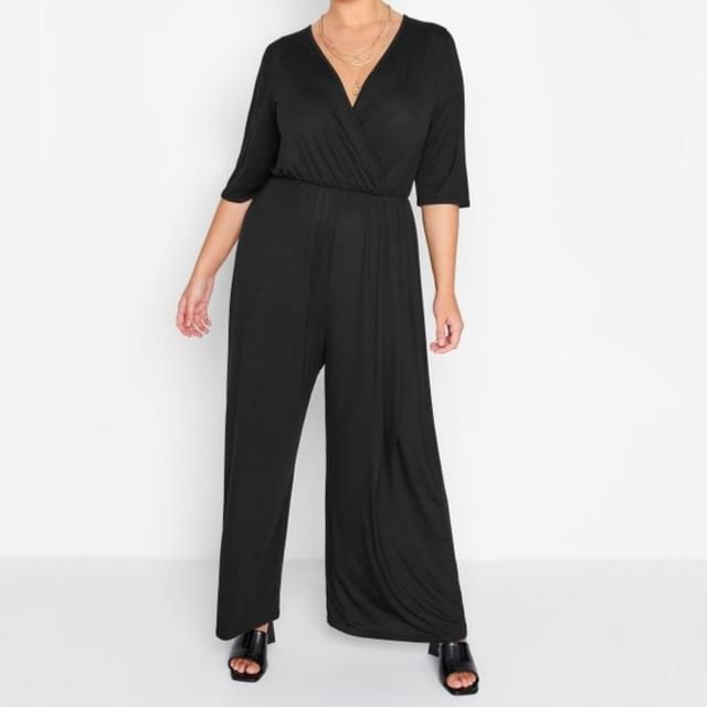 PlusPretty-Elbow-Sleeve V-Neck Plain Wide Leg Jumpsuit