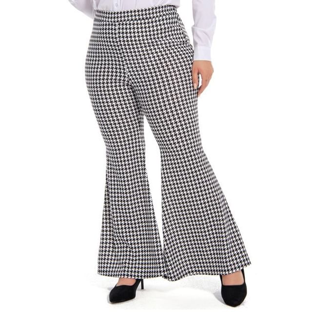PlusPretty-High Rise Houndstooth Bell Bottom Pants