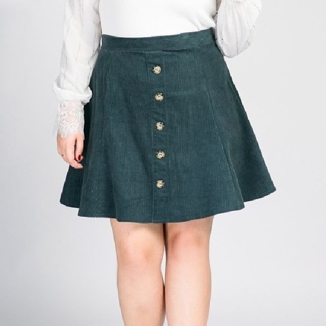PlusPretty-High Waist Plain Button Corduroy Mini A-Line Skirt