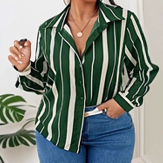 PlusPretty-Long Sleeve Collared Striped Shirt