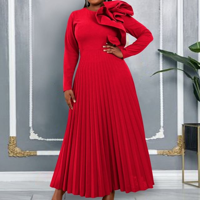 PlusPretty-Long-Sleeve Crew Neck Plain Ruffle Panel Pleated Maxi A-Line Dress