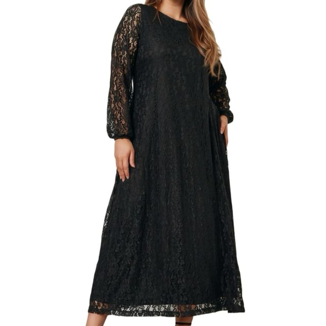 PlusPretty-Long-Sleeve Lace Panel Maxi A-Line Dress