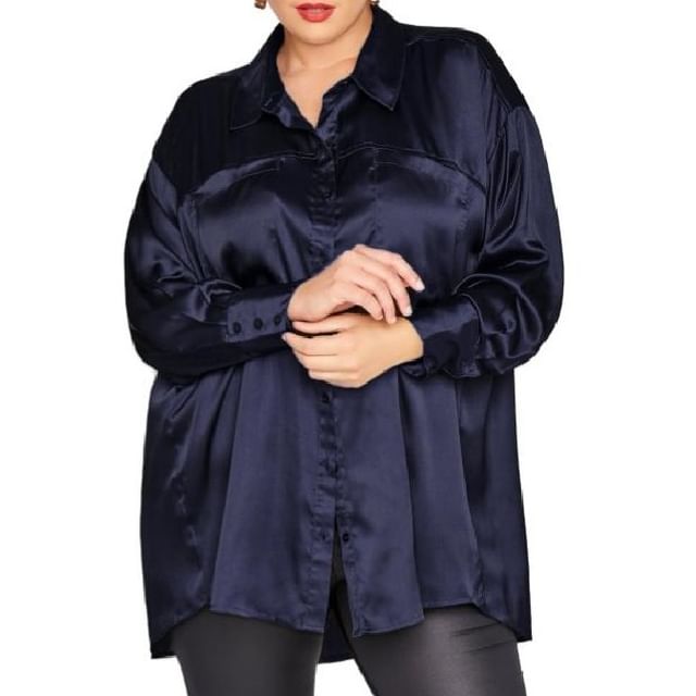PlusPretty-Long-Sleeve Plain Satin Tunic Shirt