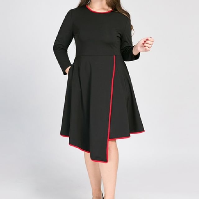 PlusPretty-Long Sleeve Round Neck Contrast Trim Asymmetrical Midi A-Line Dress