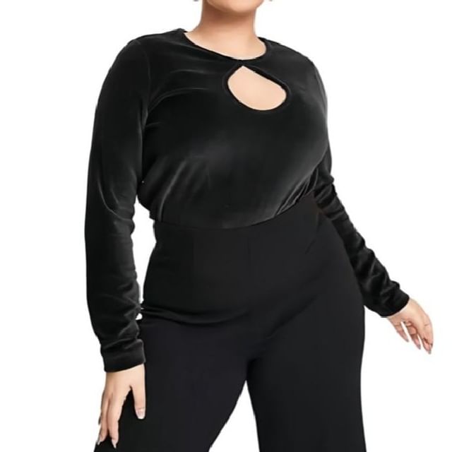 PlusPretty-Long-Sleeve Round Neck Plain Cutout Velvet Tee