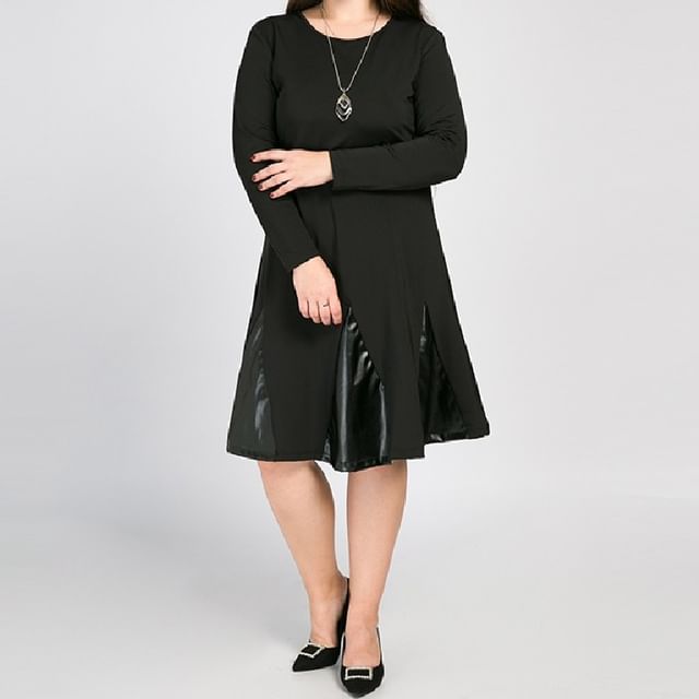 PlusPretty-Long Sleeve Round Neck Plain Panel Faux Leather Midi A-Line Dress