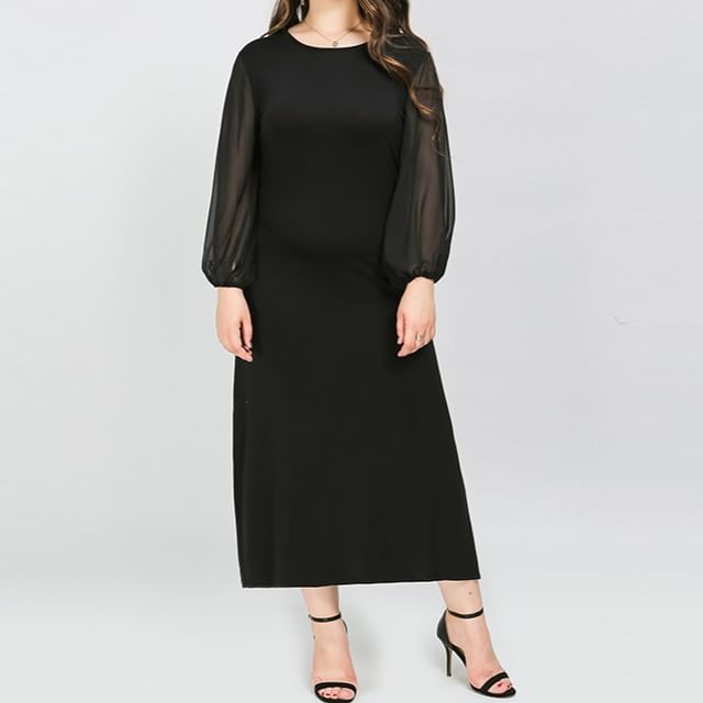 PlusPretty-Long Sleeve Round Neck Plain Slit Panel Mesh Midi A-Line Dress