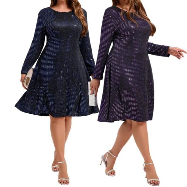 PlusPretty-Long-Sleeve Round Neck Sequin Midi A-Line Dress