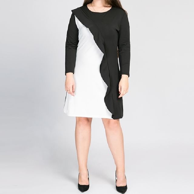 PlusPretty-Long Sleeve Round Neck Two Tone Ruffle Panel A-Line Dress