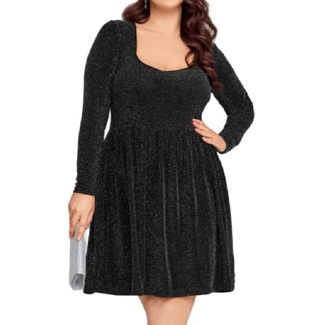 PlusPretty-Long-Sleeve Square Neck Glitter A-Line Dress