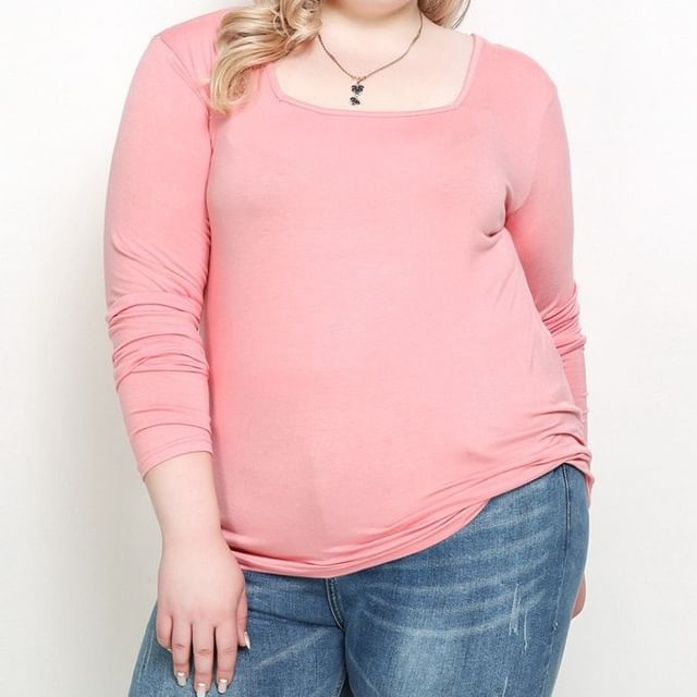 PlusPretty-Long Sleeve Square Neck Plain T-Shirt