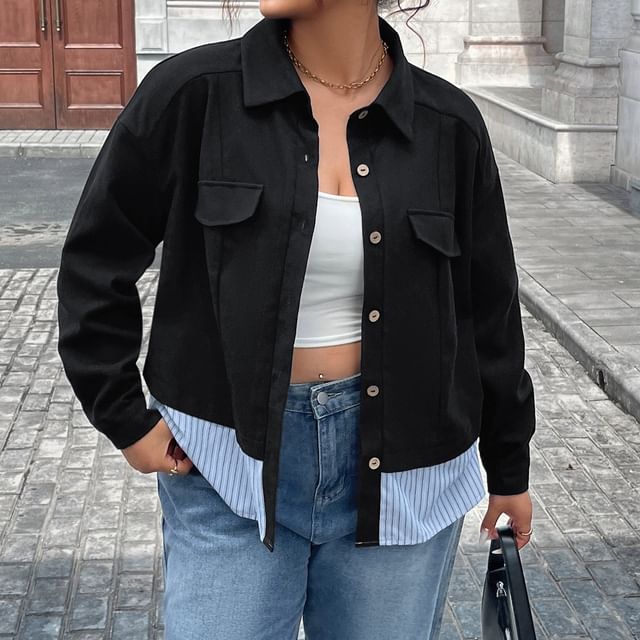 PlusPretty-Long-Sleeve Striped Panel Shirt