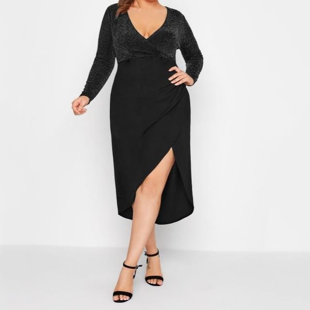 PlusPretty-Long-Sleeve V-Neck Asymmetrical Glitter Panel Ruched Midi Sheath Dress
