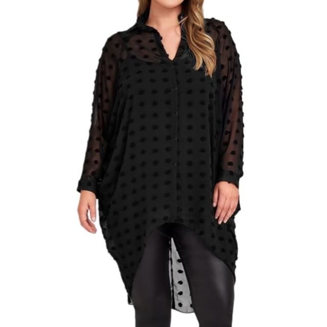 PlusPretty-Long-Sleeve V-Neck Dotted Mesh High Low Tunic Blouse