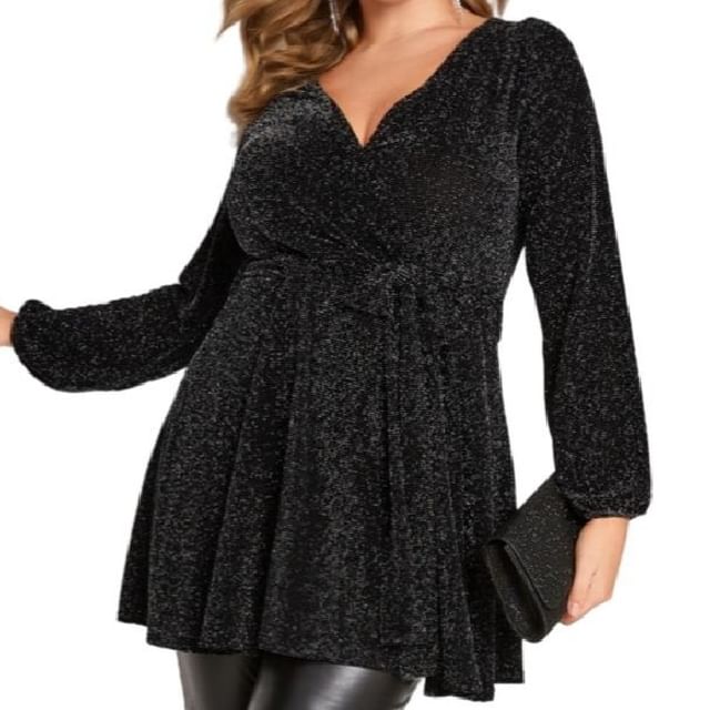 PlusPretty-Long-Sleeve V-Neck Glitter Peplum Tunic Top