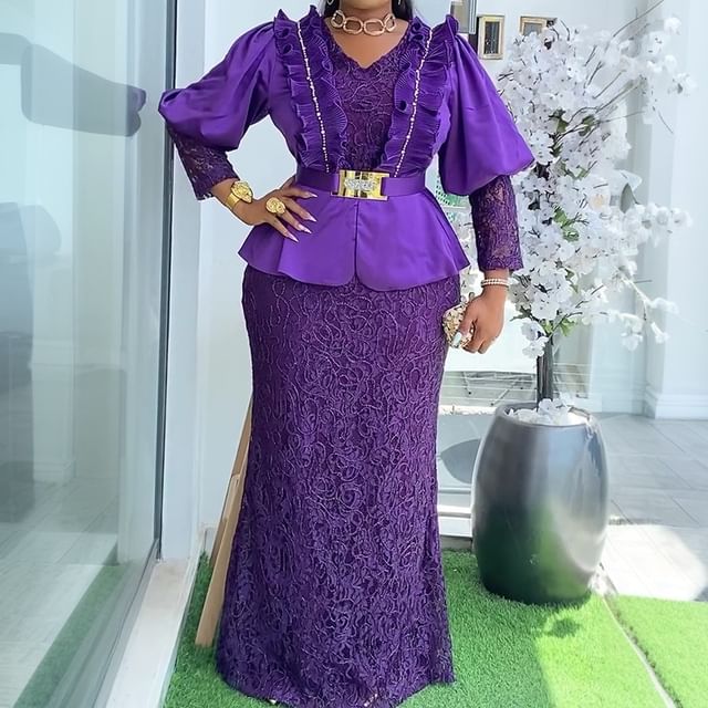 PlusPretty-Long-Sleeve V-Neck Lace Panel Ruffle Trim Mermaid Evening Gown