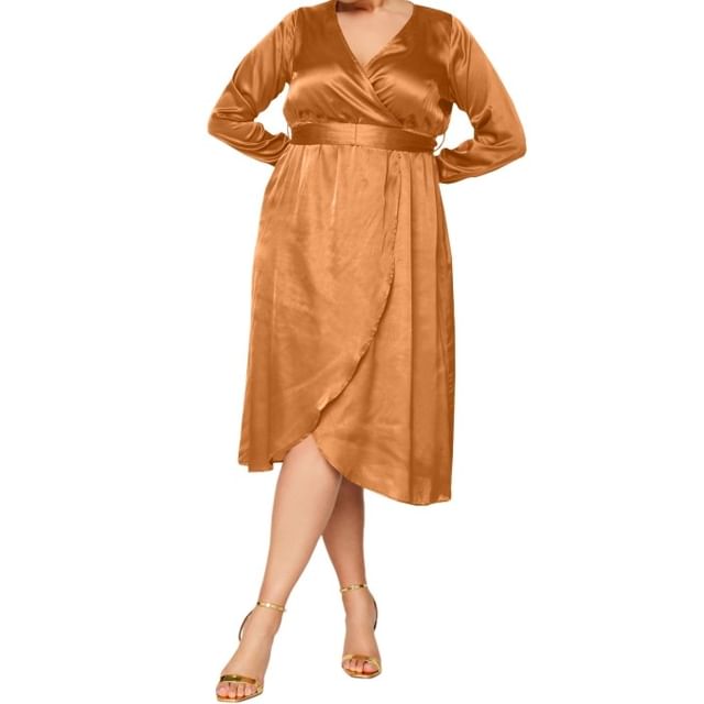 PlusPretty-Long-Sleeve V-Neck Plain Asymmetrical Satin Midi A-Line Dress
