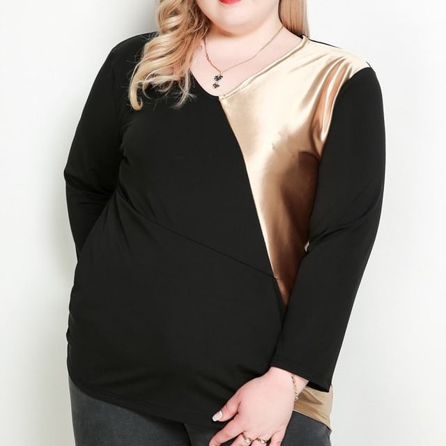 PlusPretty-Long Sleeve V-Neck Two Tone Panel Metallic Asymmetrical Top