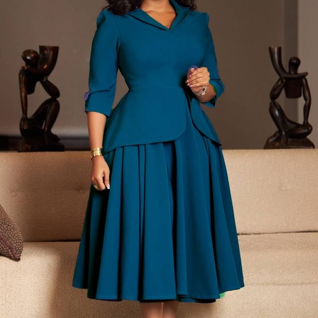 PlusPretty-Mock Two-Piece 34-Sleeve Lapel Collar Plain Midi A-Line Blazer Dress