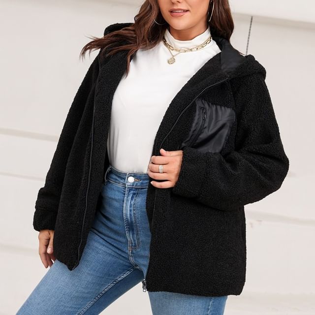PlusPretty-Plain Hooded Fleece Zip Jacket