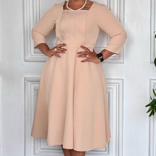 PlusPretty-Plus Size 34-Sleeve Square-Neck Plain Midi A-Line Dress