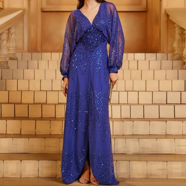 PlusPretty-Plus Size Puff-Sleeve V-Neck Sequined Slit A-Line Evening Gown