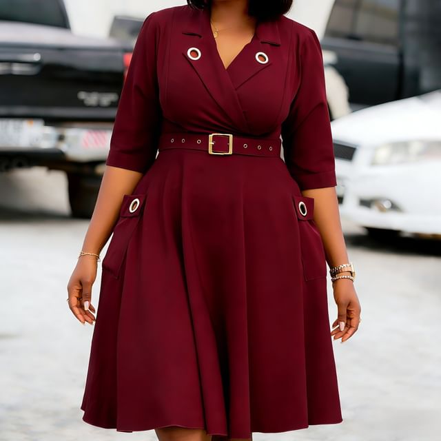 PlusPretty-Plus Size Set Elbow-Sleeve Plain Grommet Midi Blazer Dress Belt