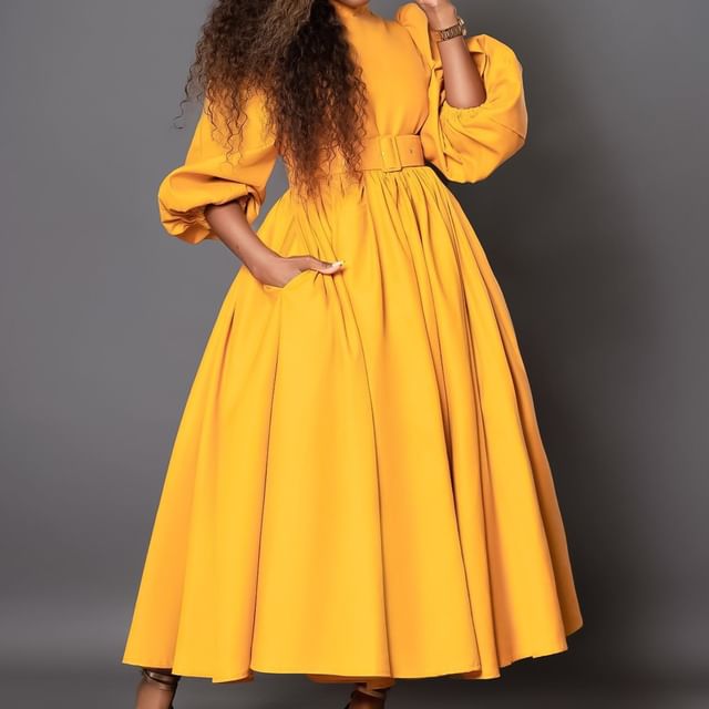 PlusPretty-Plus Size Set Puff-Sleeve High Neck Plain Midi A-Line Dress Belt