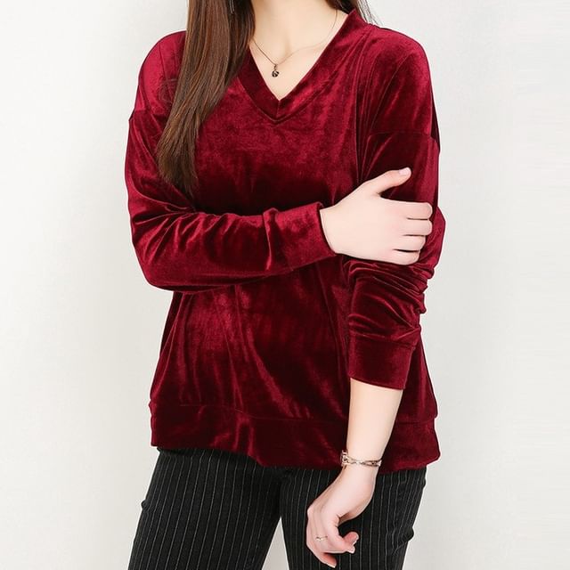 PlusPretty-V-Neck Plain Velvet Sweatshirt