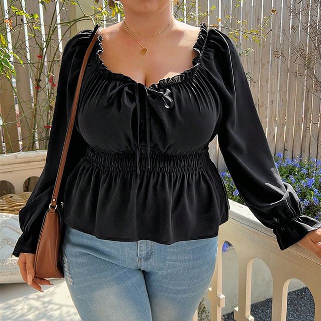 PlusPretty-XL-3XL Plus Size Long-Sleeve Square Neck Plain Ruffle Trim Top